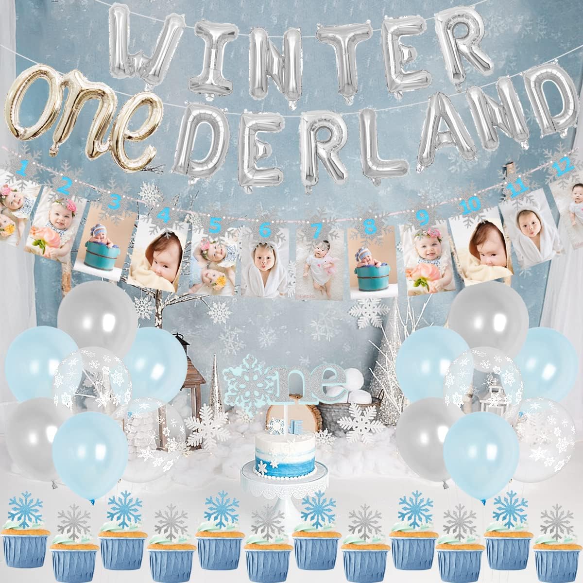 Onederland Winter 1st Birthday Decorations - Balloons, Snowflake Photo Banner