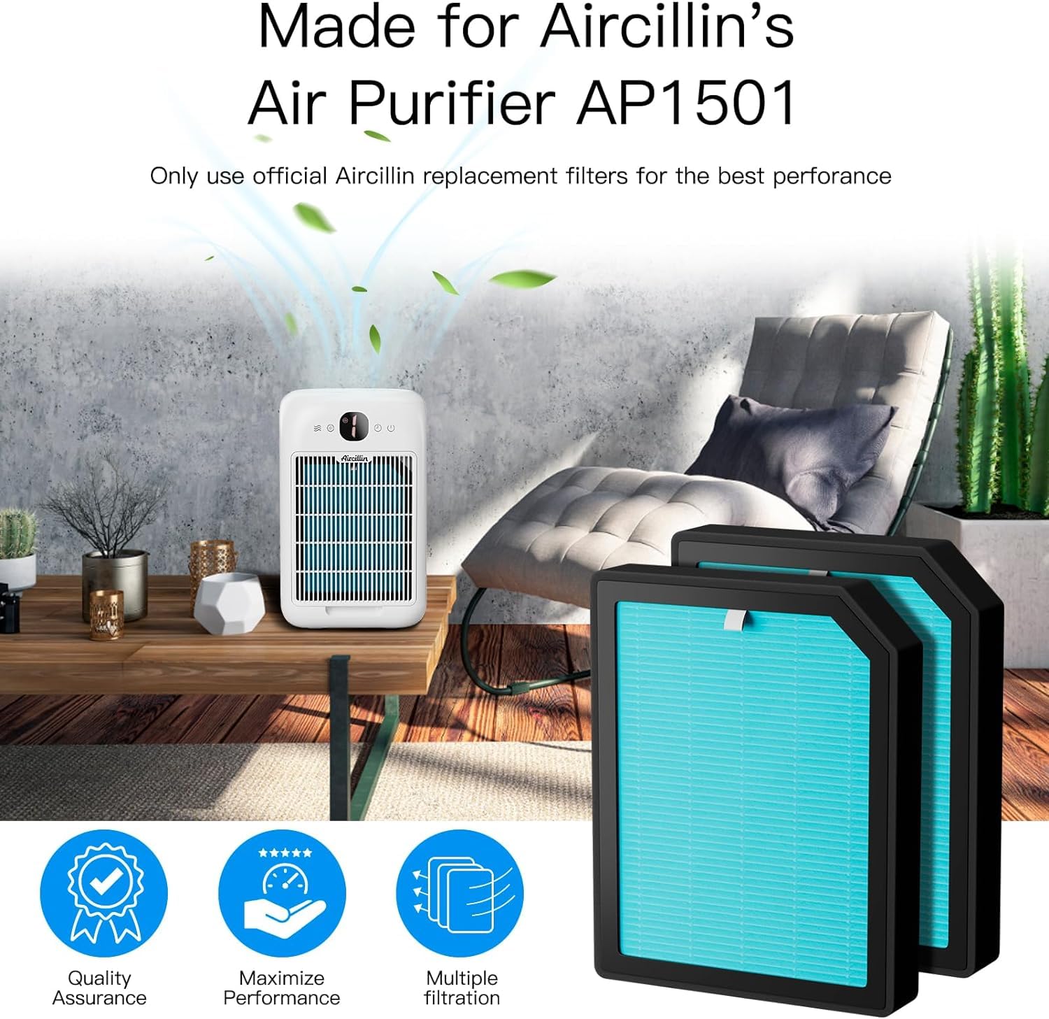 Aircillin 4-Pack H13 Filtro HEPA di ricambio, filtro a carbone attivo ad alta efficienza, adatto al purificatore d'aria AP1501, rimuove pollini, polvere, forfora di animali domestici e altri allergeni