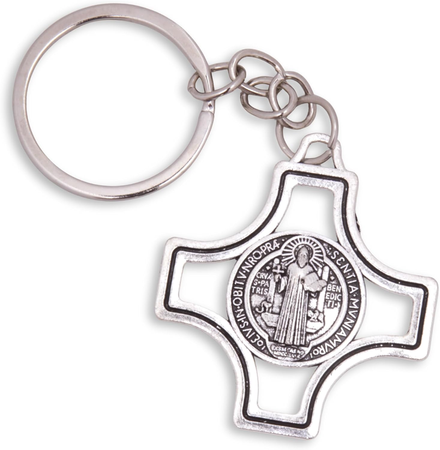 Needzo Saint Benedict Medal Modern Maltese Cross Key Ring, 4 Inches