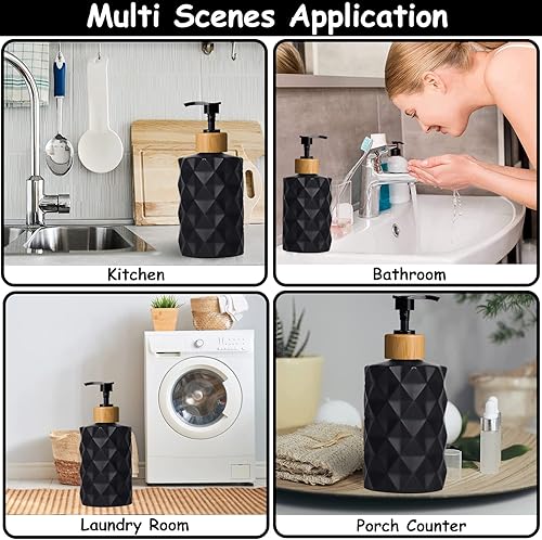 Miniatura 5 de Juego de dispensador de jabón de vidrio negro con bomba de bambú, jabón líquido recargable de 12 onzas, dispensador de loción para decoración
