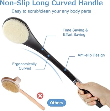 Body Brush Back Scrubber, 17 in Never Mold Back Brush Long Handle for Shower, Exfoliating Brush Dry Brushing Body Brush for Men Women Elderly Deep Exfoliation Soft Glowing Skin (Black)