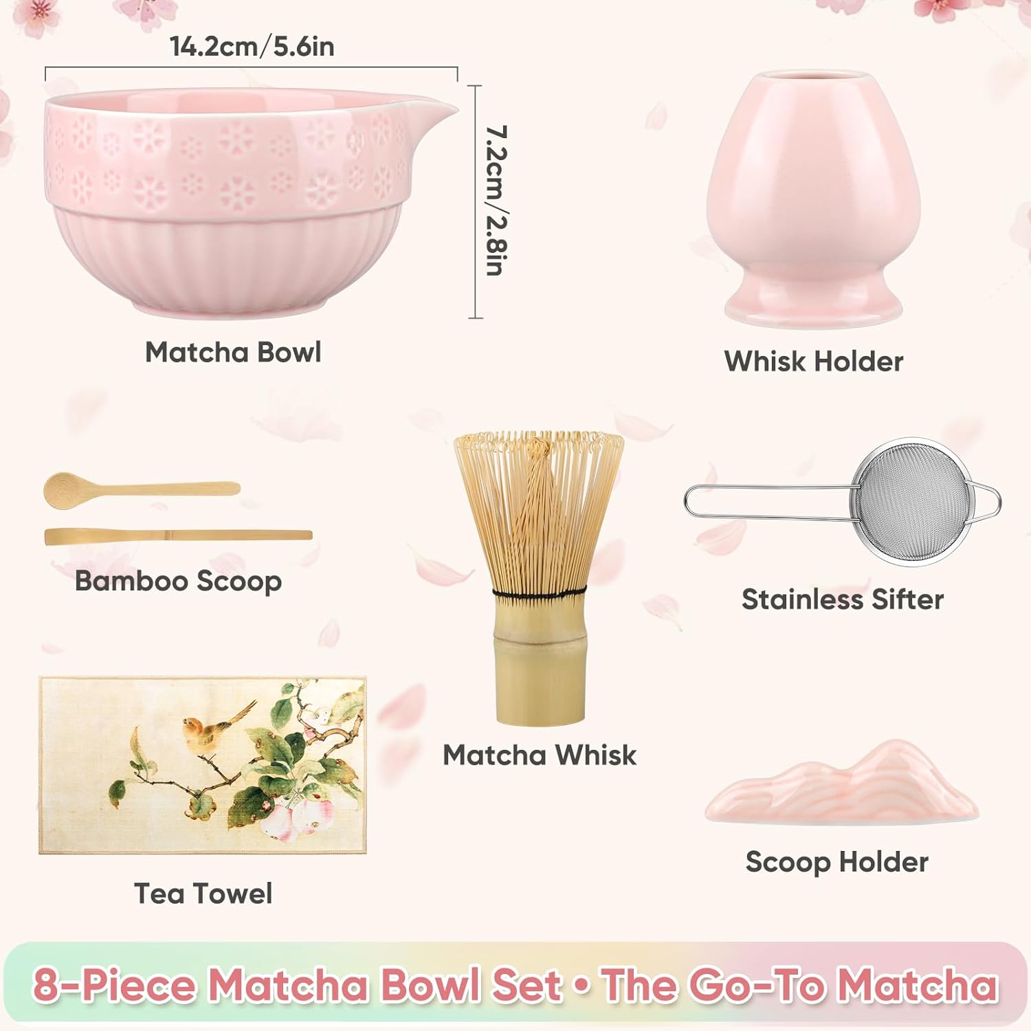 Matcha Whisk Set – 8 Pcs Matcha Set with Matcha Bowl, Sifter, Bamboo Whisk (Chasen) and Holder, Scoops and Rest, Tea Towel – Tea Making Kit for Traditional & Modern Matcha Drinks (Pink)