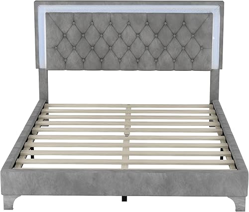 Miniatura 14 de Base de cama flotante tamaño Queen con luces LED y carga USB, marco de cama LED de plataforma tapizada moderna, no necesita somier (blanco-1)