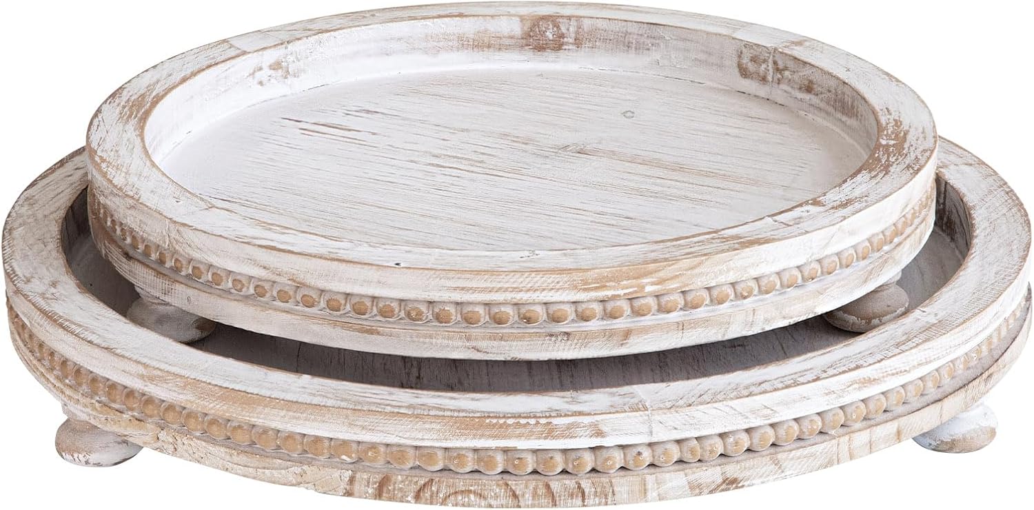 2 Piece Whitewashed Wooden Serving Tray Set with Beaded Design, Farmhouse Centerpiece Table Decorations, Round Coffee Table Tray for Living Room Home Decor, Ottoman Tray Decor for Rustic Styles