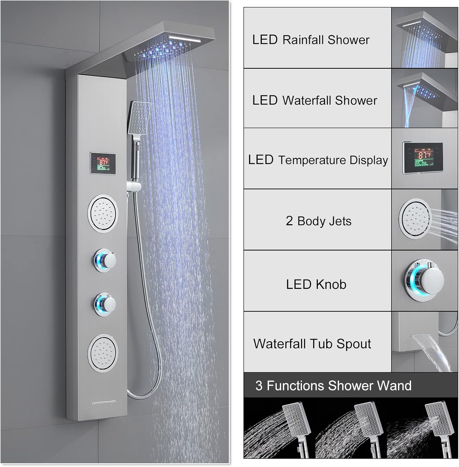 ROVATE Shower Panel Tower System with LED Rainfall Waterfall Shower Head, 5-in-1 LED Stainless Steel Shower Panel System with Body Massage Jets, Handheld Shower and Tub Spout, Brushed Finish