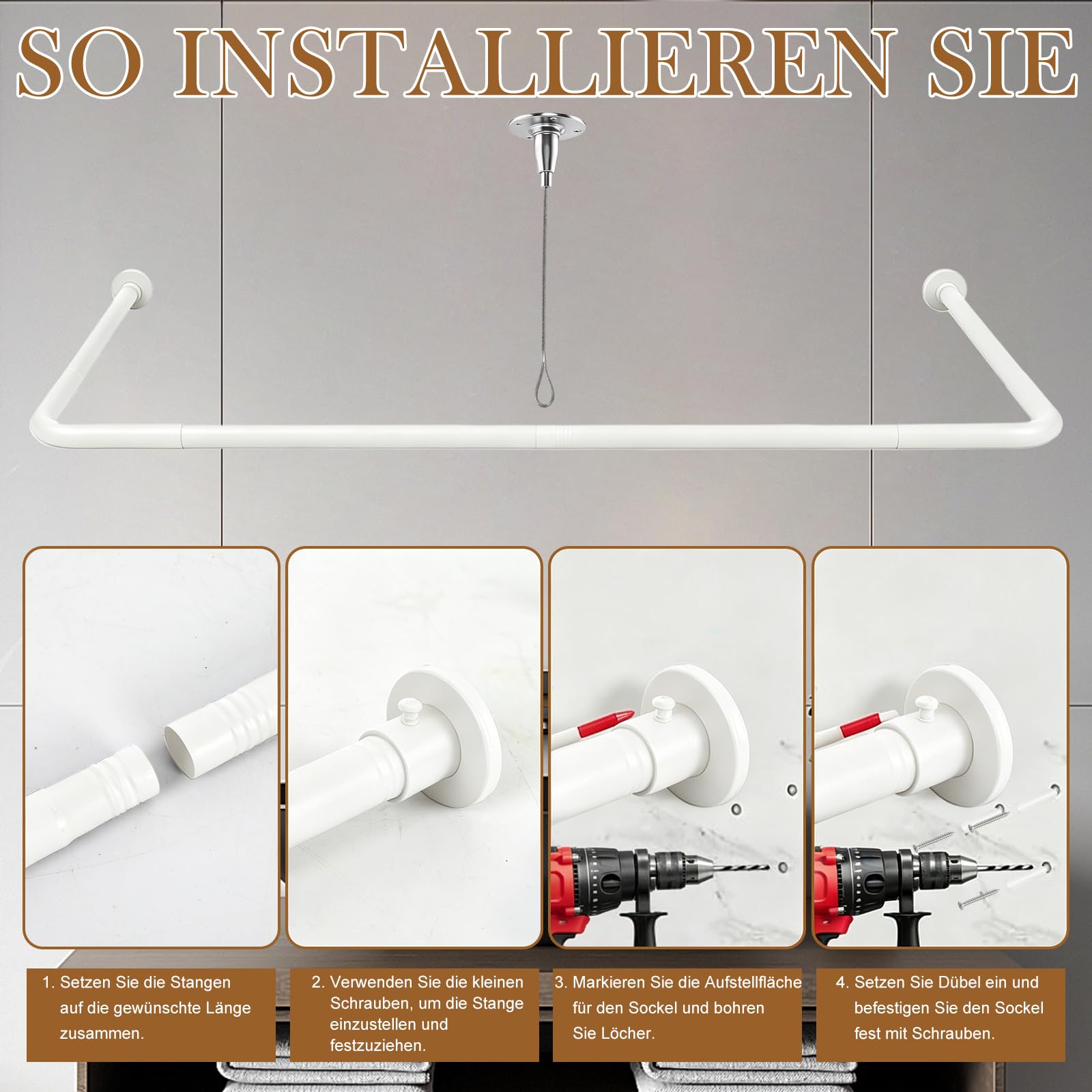 Tringle de rideau de douche en forme de U / L, flexible et réglable en acier inoxydable, barre de douche d'angle avec support de plafond pour baignoire/salle de bain, montage de perçage nécessaire, 4