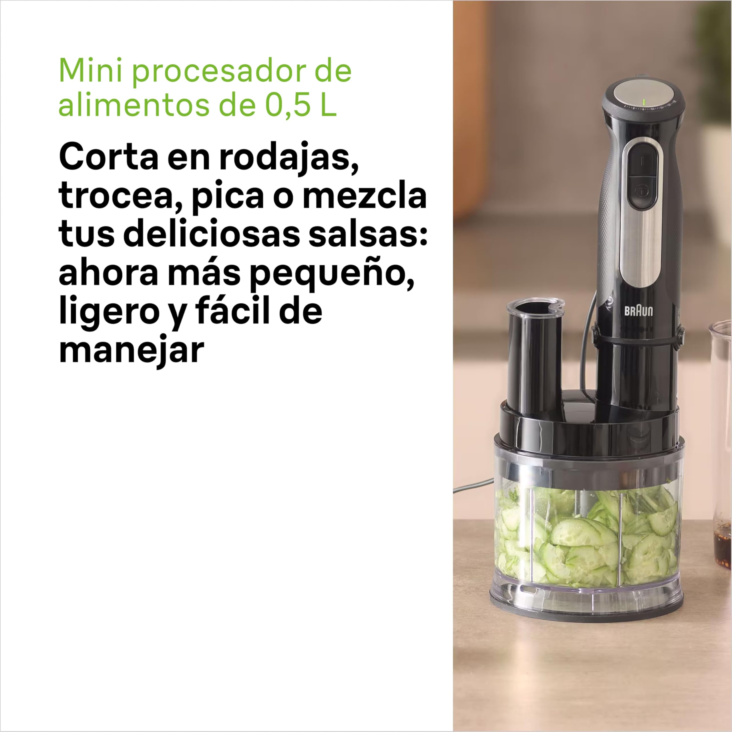 Braun Minipimer MultiQuick 5 Pro - Batidora de mano con mini procesador, picadora y varilla para sopas, batidos y papillas para bebé, 25 velocidades + Turbo, 1000W, negro (MQ55755M)
