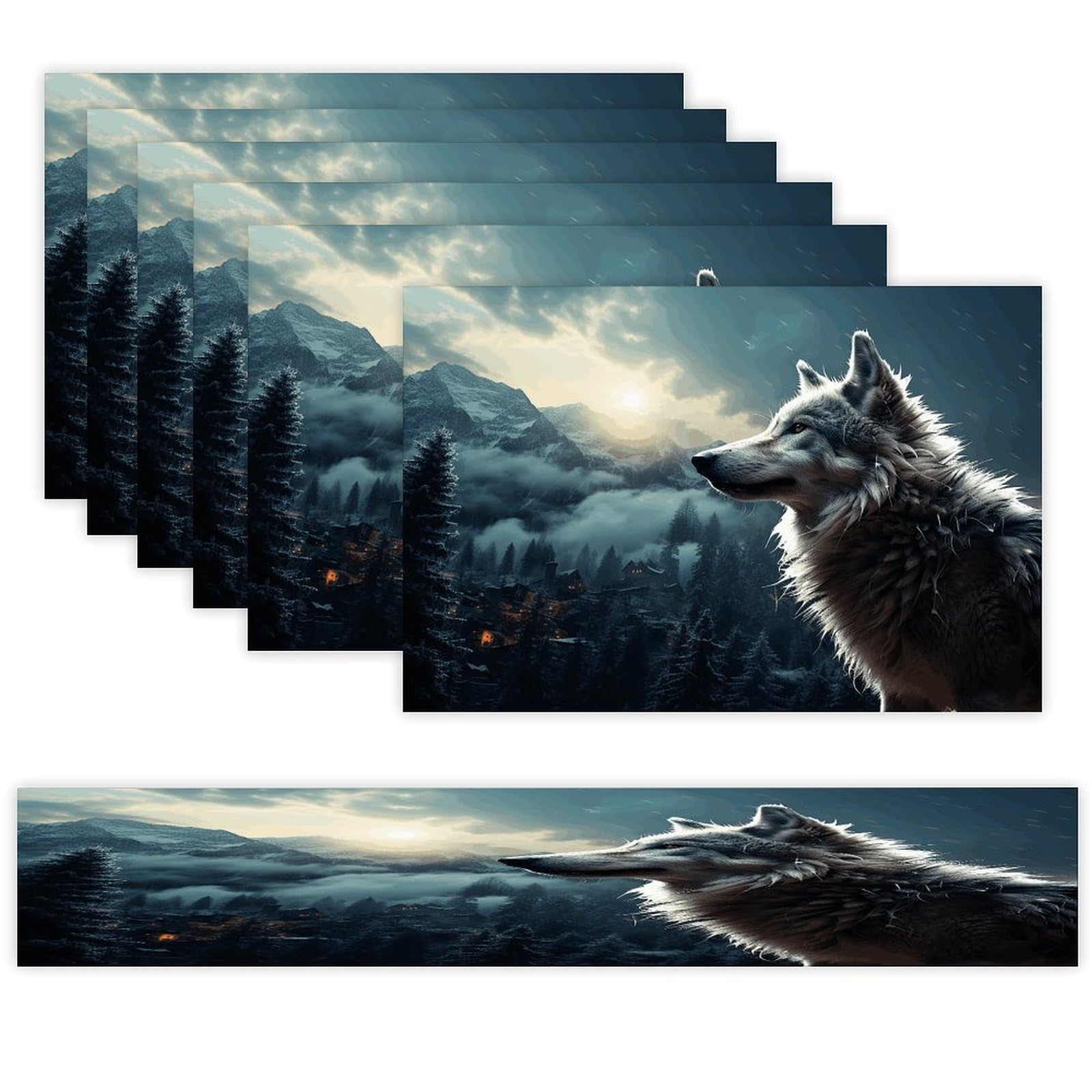 Wolf at Night Table Runner and Placemats of 6 Washable Heat Resistant Place Mats with Table Runner Vintage Holiday Table Mat Set for Holiday Party Kitchen Dining Deco