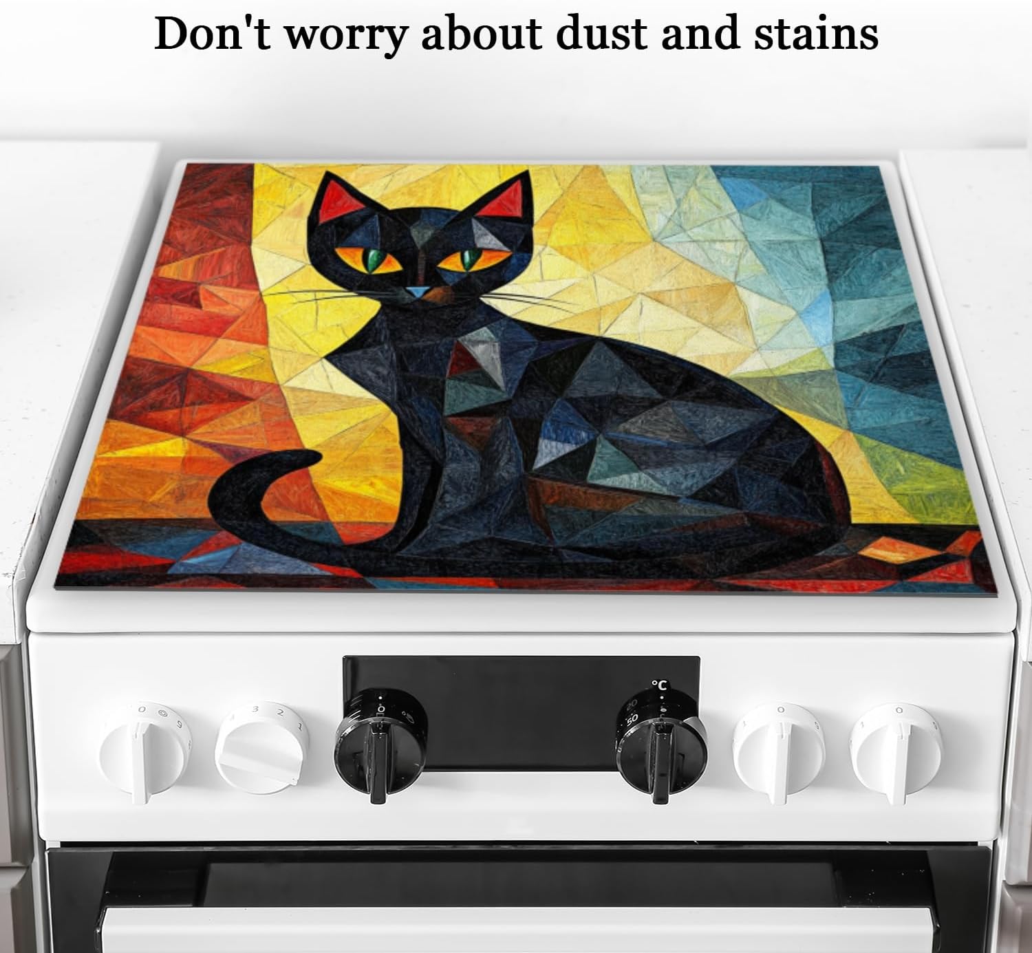 Silicone Stove Mat for Glass Top Stove, Black Cat In Cubist Style Electric Stove Cover Mat, 28 x 20 Inch Heat - Resistant Gas Gtove Burner Covers Glass Stove Top Protector