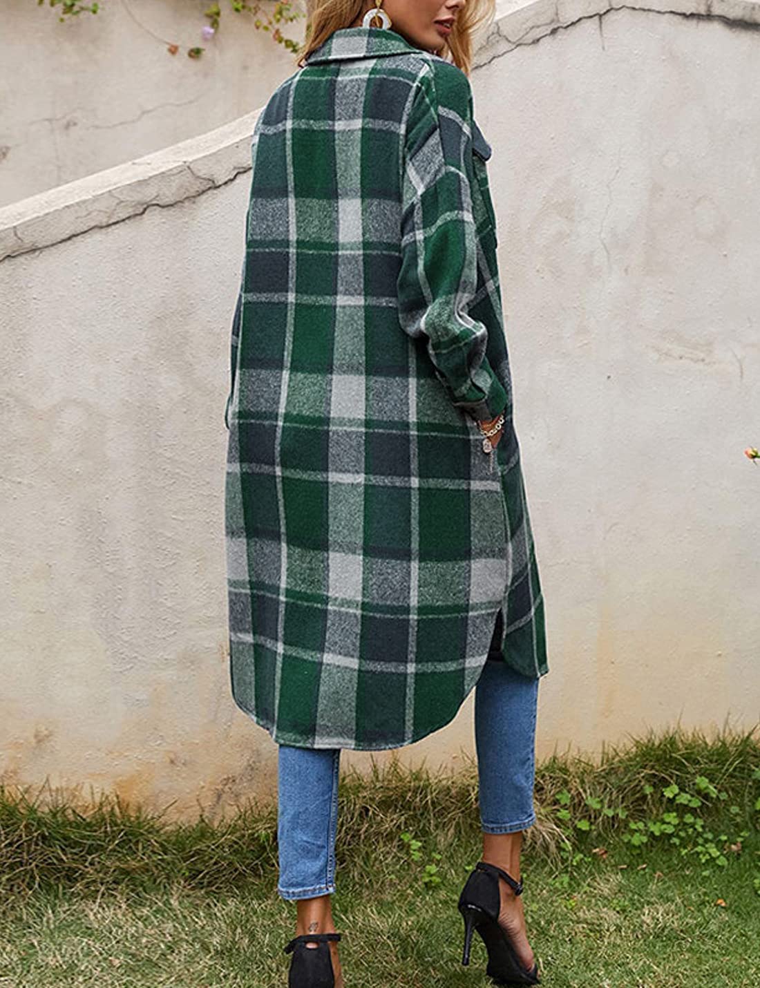 Sukany Lässiges Damen-Hemd mit Revers, Wollmischung, lang, kariert, Knopfleiste, langärmelig, Jacke