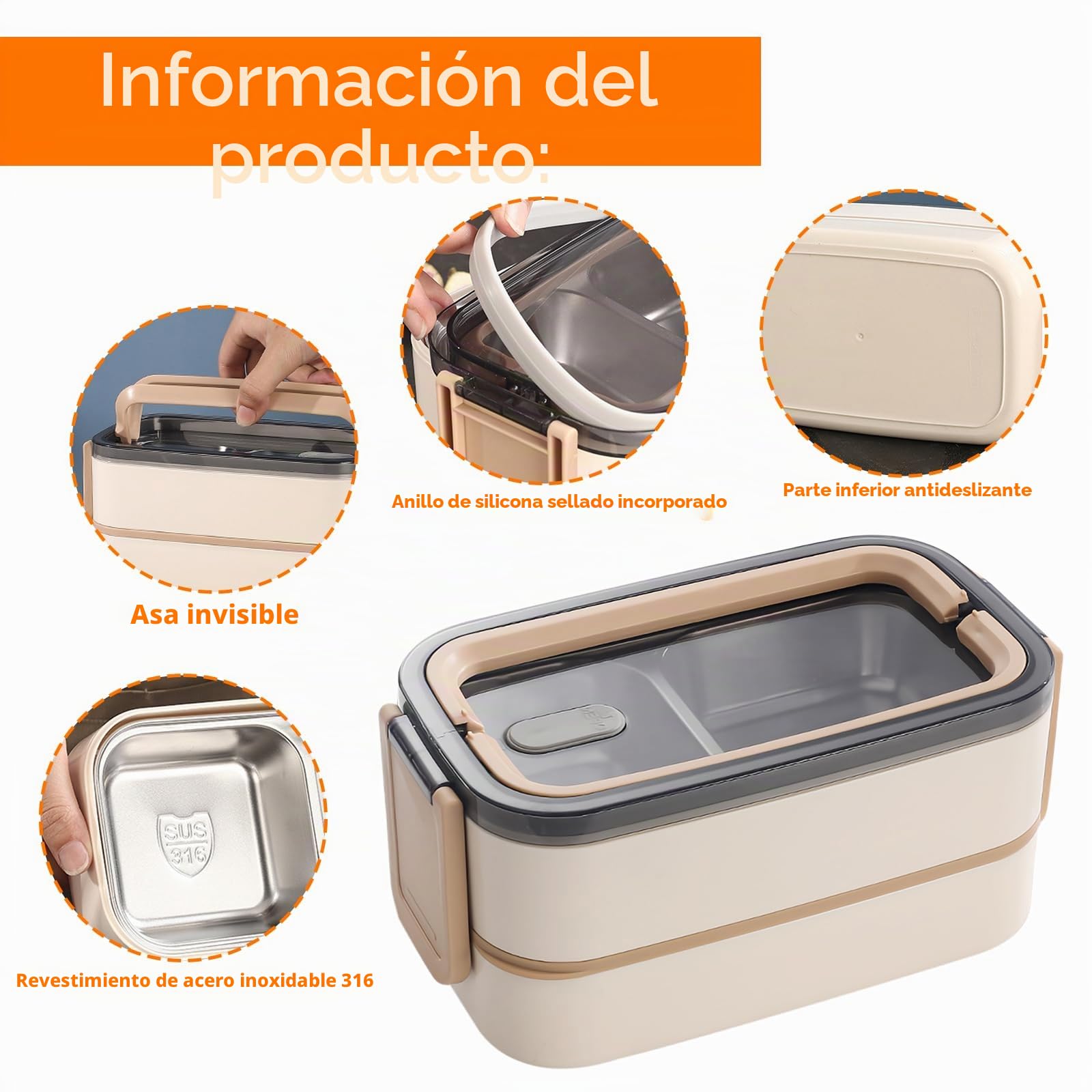 Fiambrera Bento de 2 Niveles Con Compartimentos: Acero Inoxidable Premium Para Adultos, Sin BPA, Con Cubiertos, Ideal Para Viajes, Apta Para Microondas