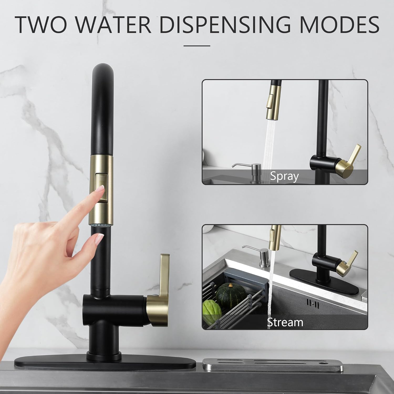 Black and Gold Stainless Steel Pull Down Kitchen Faucet with Sprayer