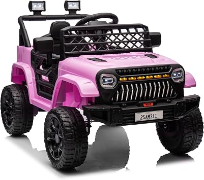 12V Kids Ride On Truck Electric Car Toy for Toddles with 2.4G Remote Control, Spring Suspension, Battery Display, LED Lights, Music, Battery Powered Ride on Car for Boys Girls Pink