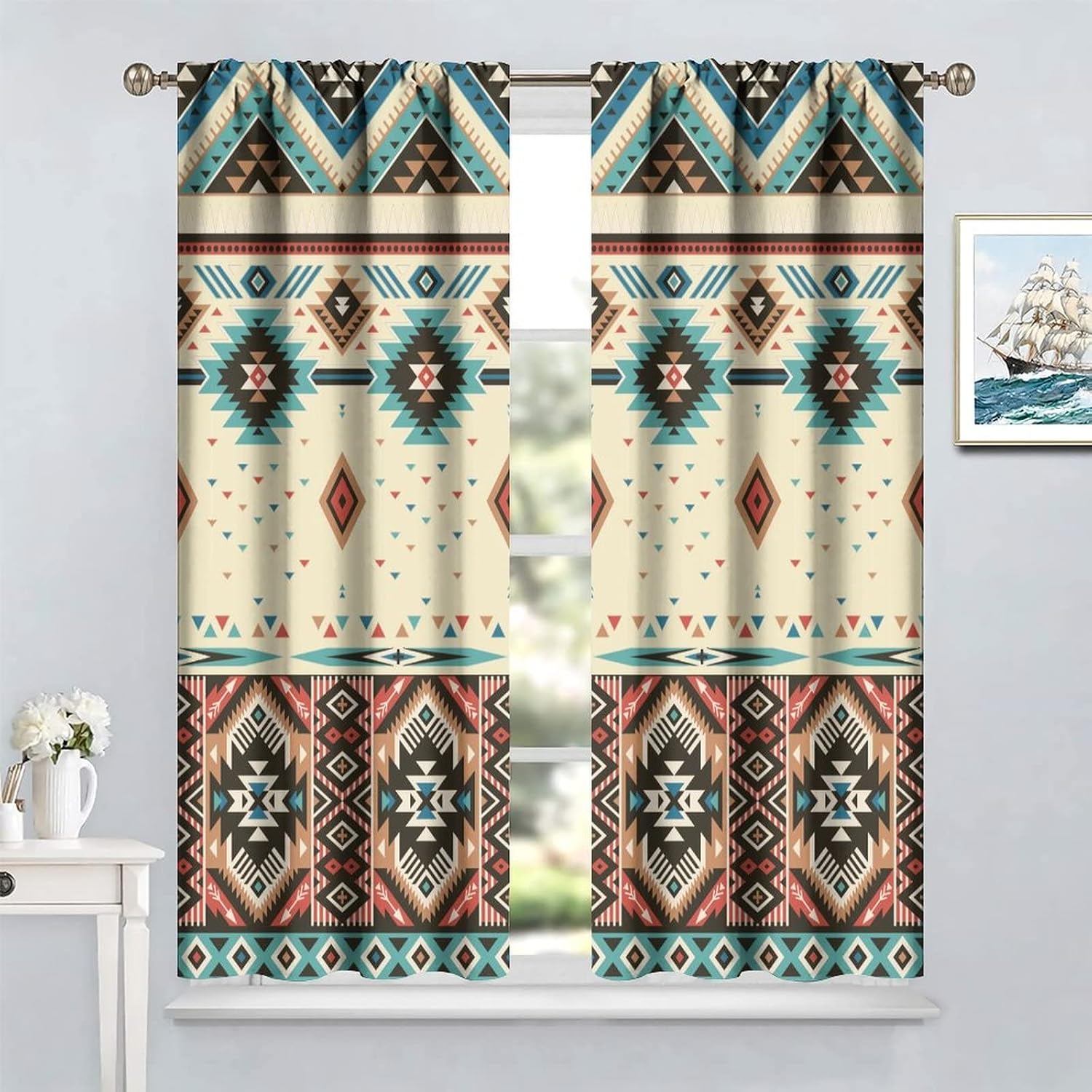 YCness Aztec Curtains for Bedroom, Southwestern Ethnic Geometric Window Treatments for Living Room,Tribal Navajo Boho Native American Pattern Drapes 2 Panel Set,42x45 Inch, Style-4