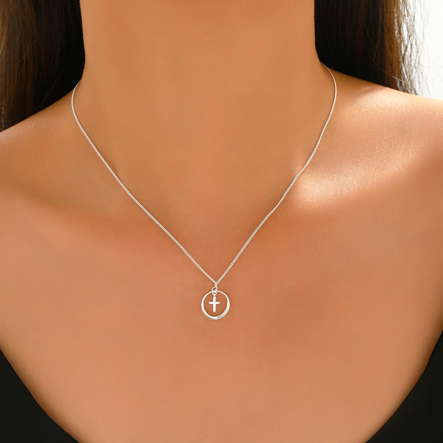 925 Sterling Silver Cross Necklace for Women, Adjustable Circle Cross Faith Choker Necklaces Minimalist Religious Drop Dangle Chain Necklace for Mother Daughter Birthday Easter Mother's Day Jewelry Gifts