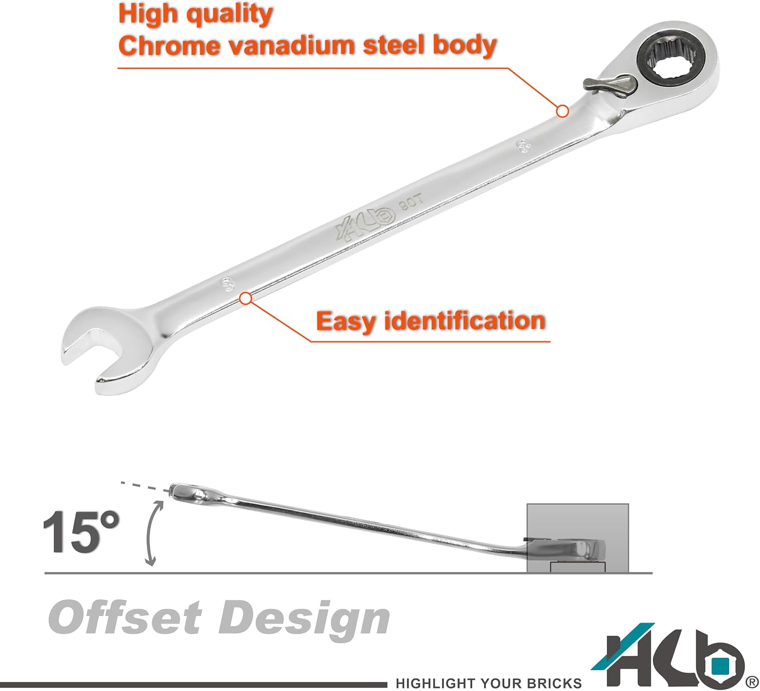 HB 8mm Ratchet Wrench WGR008-U | 90-Tooth Reversible Slim Head Non-Slip Grip | 4° Arc Swing for Tight Spaces | Chrome Vanadium Steel Metric Spanner for Automotive DIY Mechanics | Made in Taiwan