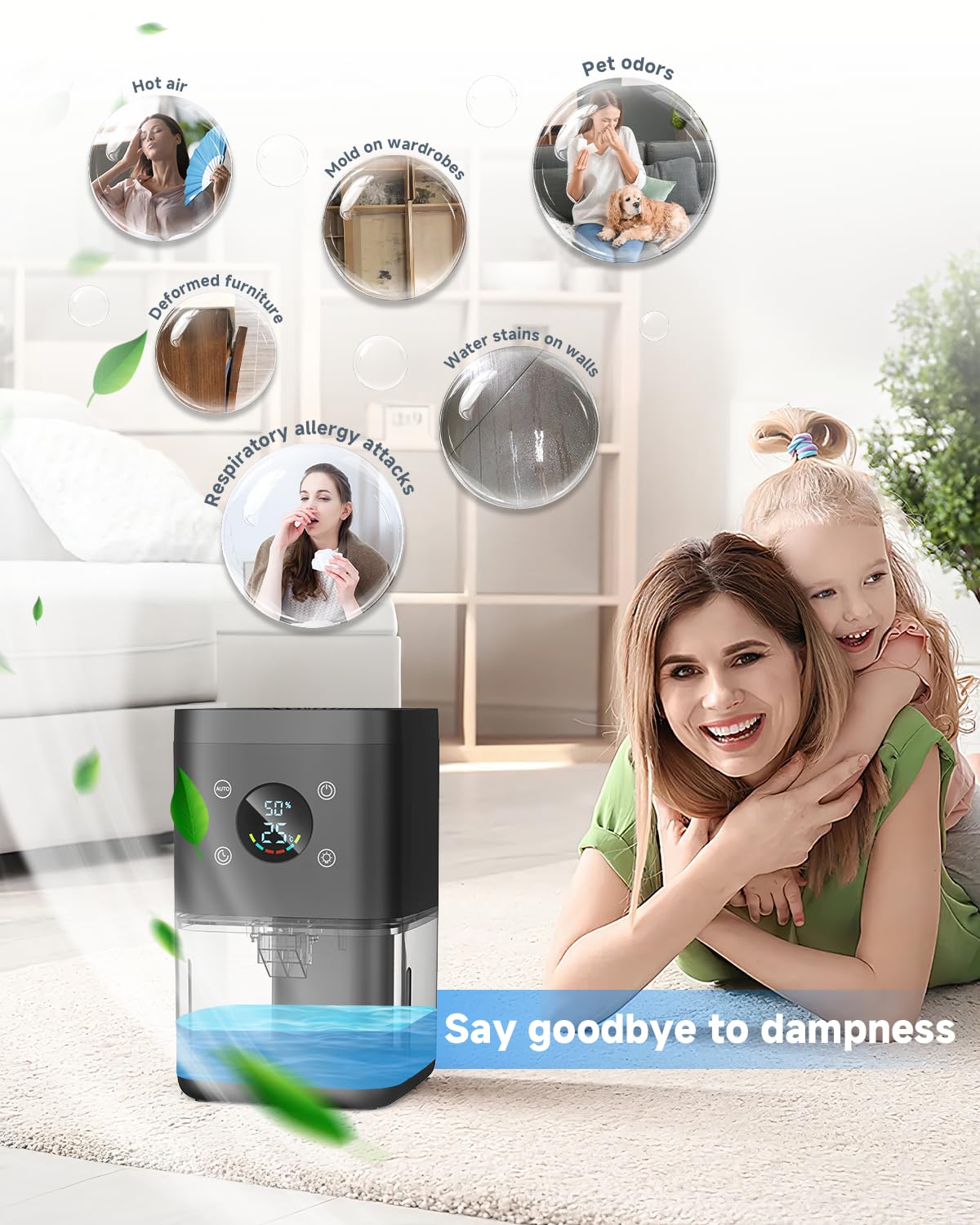 Deumidificatore 1800ML, Deumidificatore Casa Muffa, Desumidificatore silenzioso con timer, filtro e disiumidificazione intelligente, purificatore dell'aria-Nero