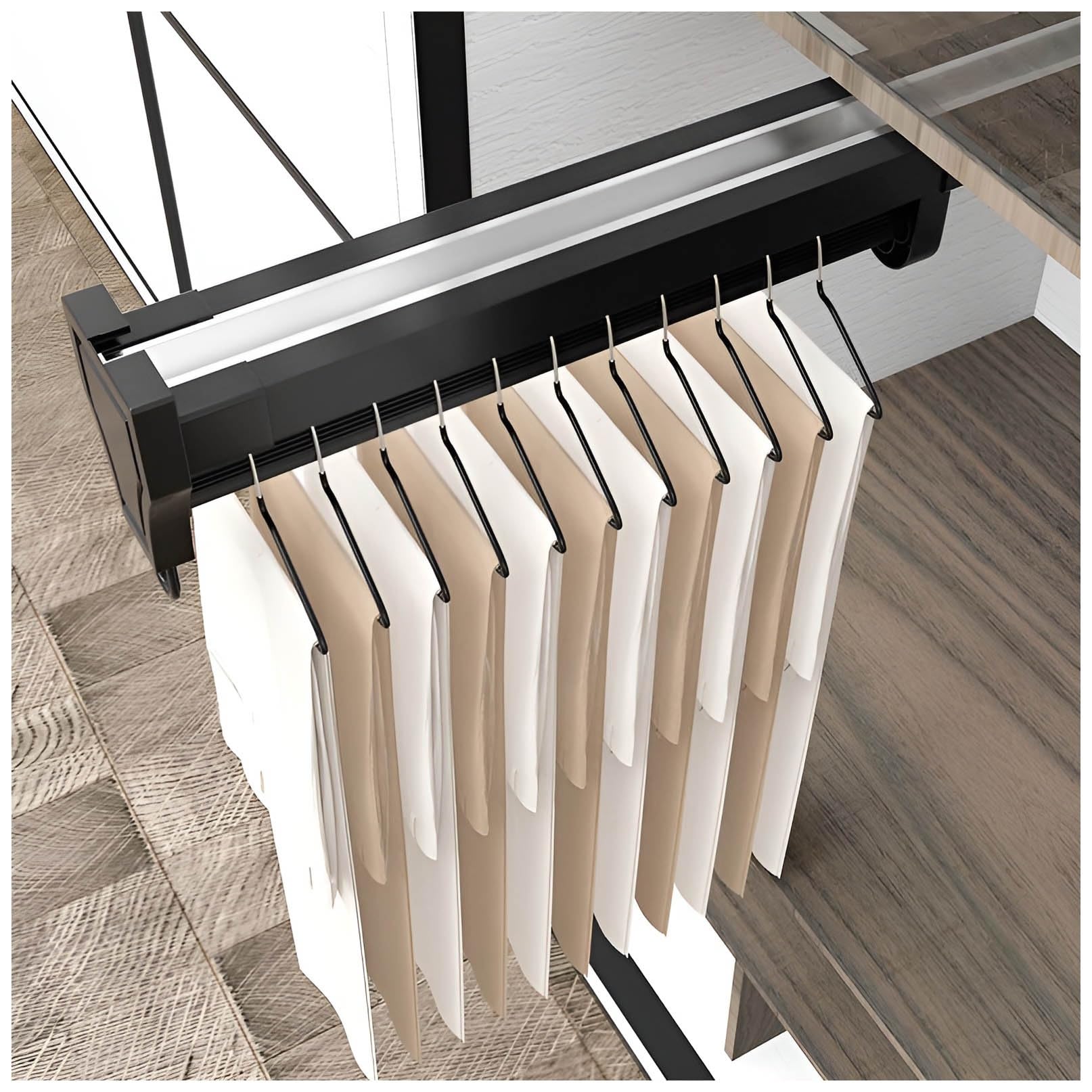 Asta di gancio dell'indomare espandibile, rack di abbigliamento estraibile per cappotti e pantaloni, design salvaspazio, capacità di carico di 30kg, profondità 46.5cm, perfetto per l'organizzazione de