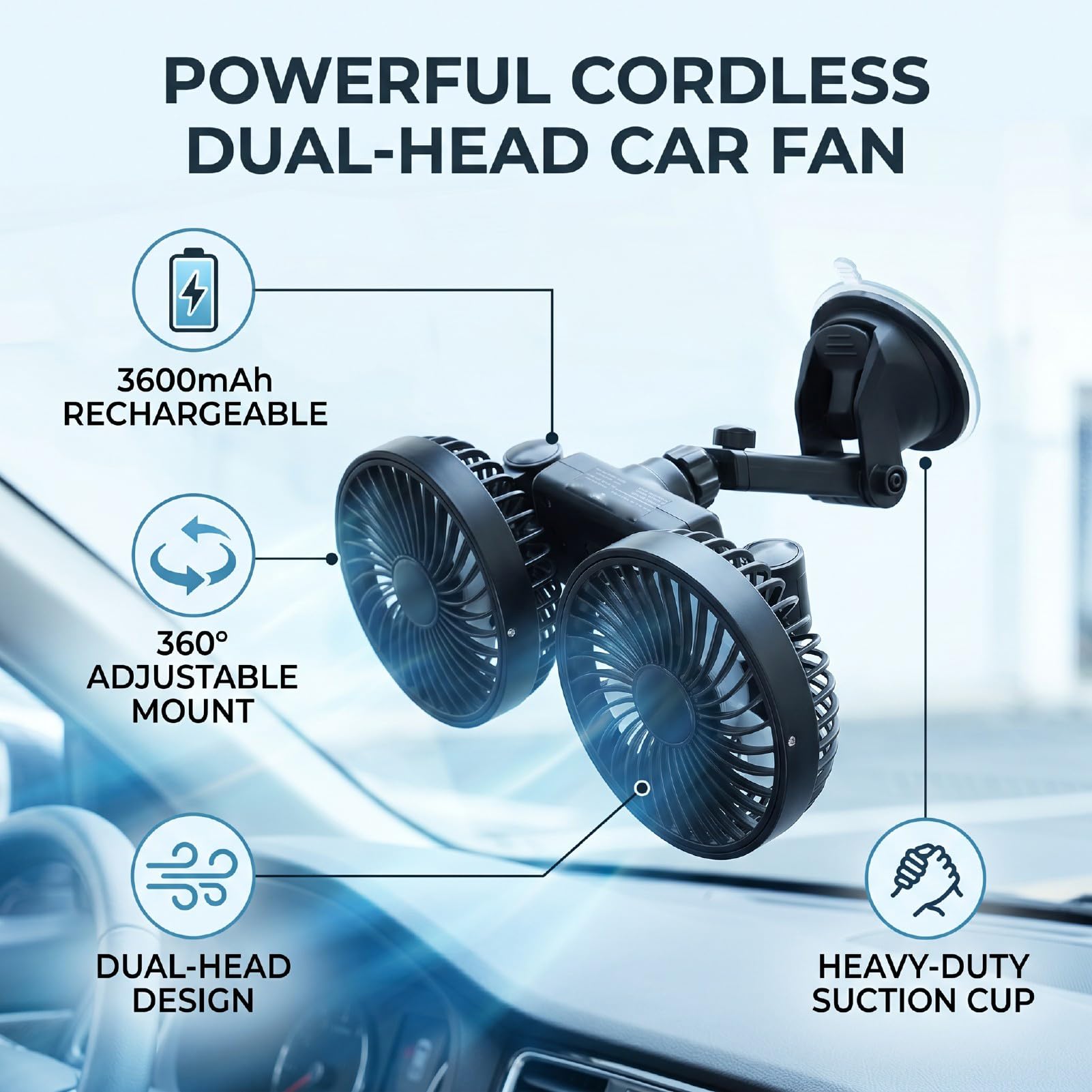Tosuny Ventilador de Coche de Doble Cabezal con Ventosa, Ventilador de Camión Ajustable de 360°, Recargable de 3600mAh, Fuerte Flujo de Aire para Semirremolque RV Van Cab (BLACK)