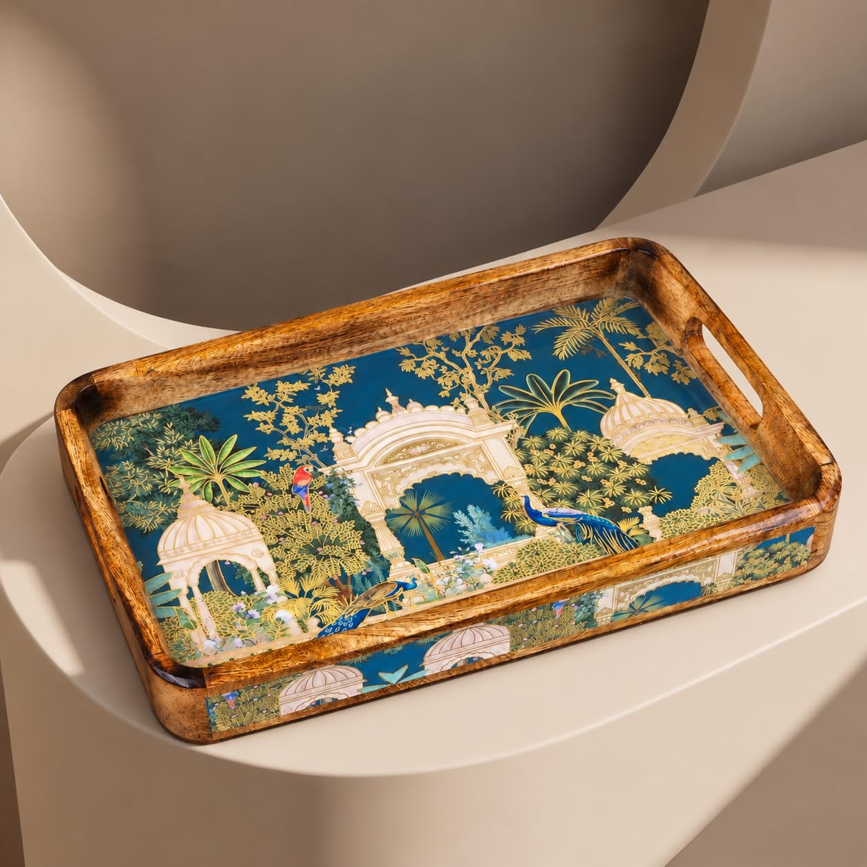 Wooden Serving Tray Set - Gold Engraved Design -11