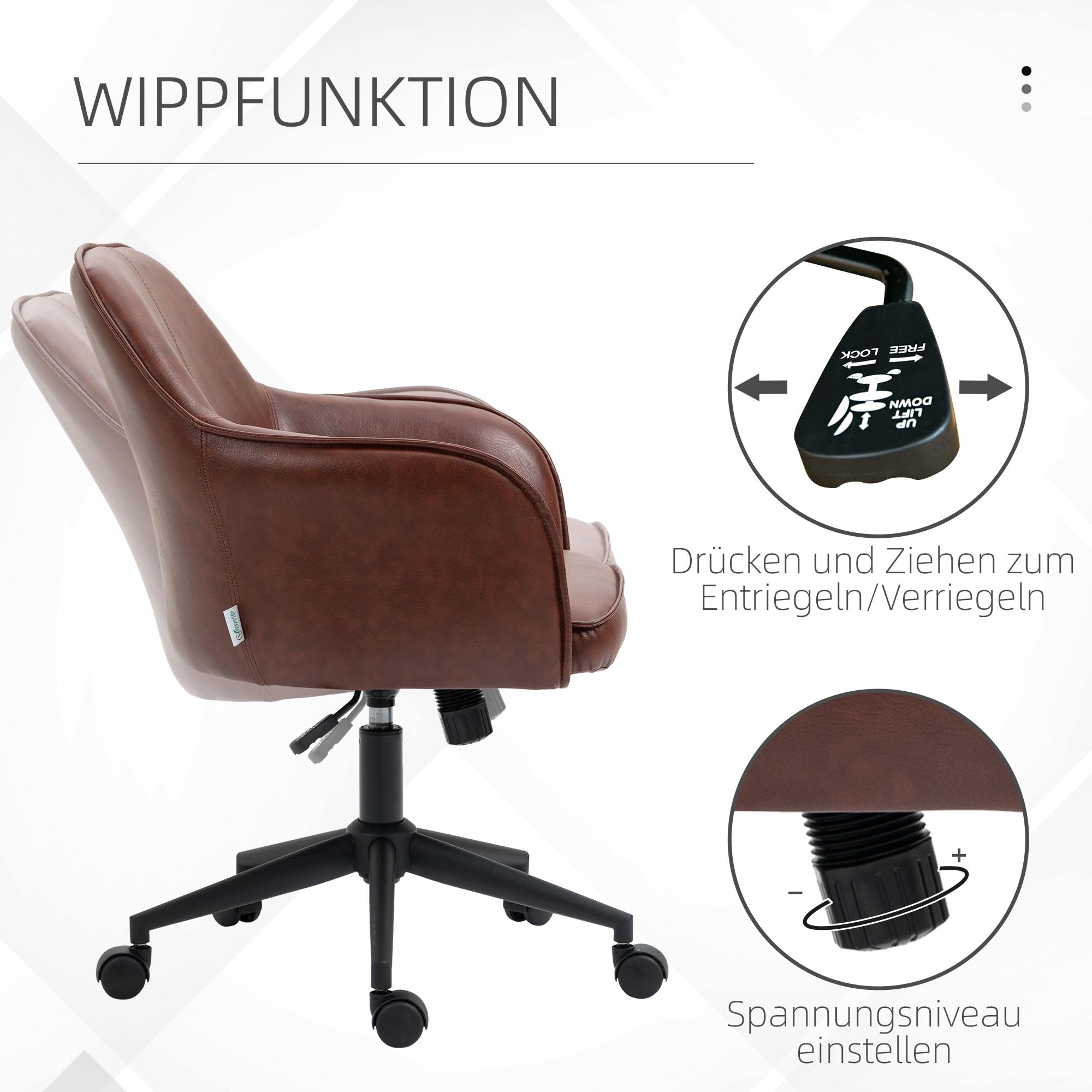 Vinsetto Bürostuhl mit Wippfunktion, Rollen, 83-91 cm, Drehstuhl, Braun