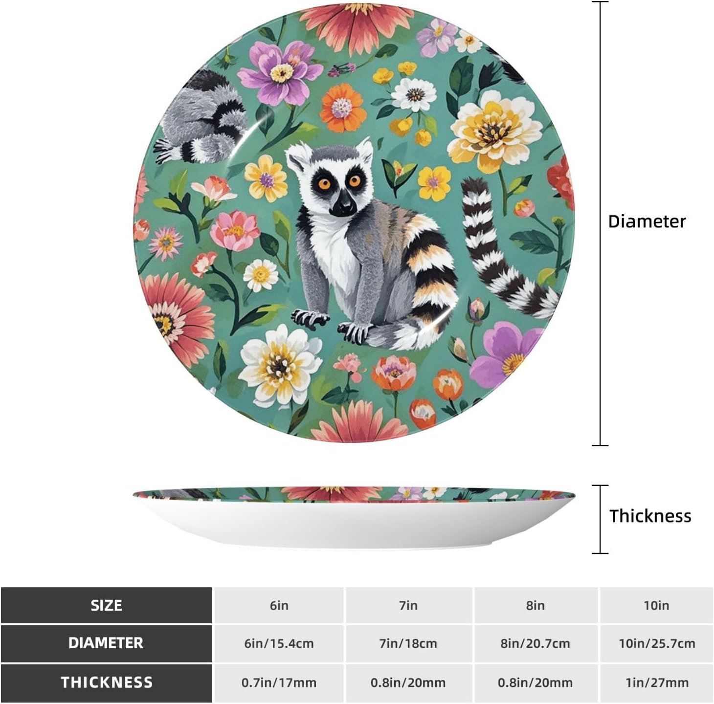 Bone China Decorative Plate with Display Animals Lemur Flowers Pattern Ceramic Plates Crafts Art Decor Dessert Plate Ceramic Ornament Porcelain Plates for Living Room Kitchen Table Home Decor