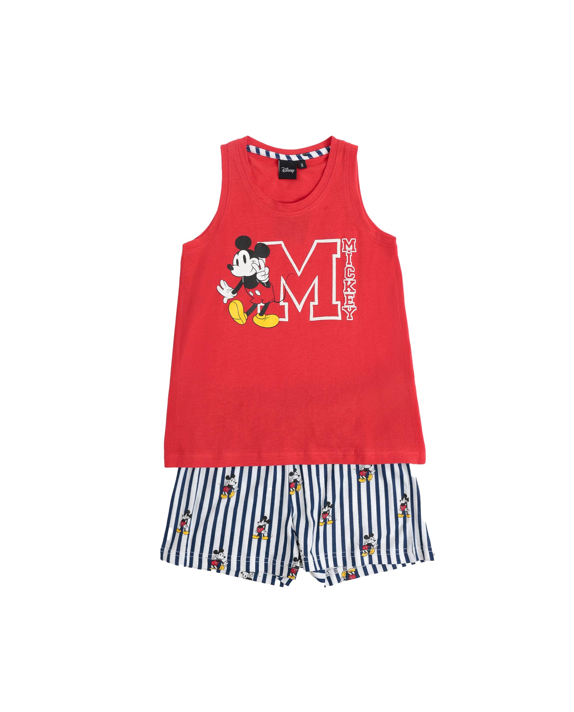 Disney Pijama niña sin Mangas Mickey NY Summer en algodón, Cuello Redondo y pantalón Corto a Rayas con Cinturilla Ajustable, Camiseta con Relieve y Tejido Suave al Tacto