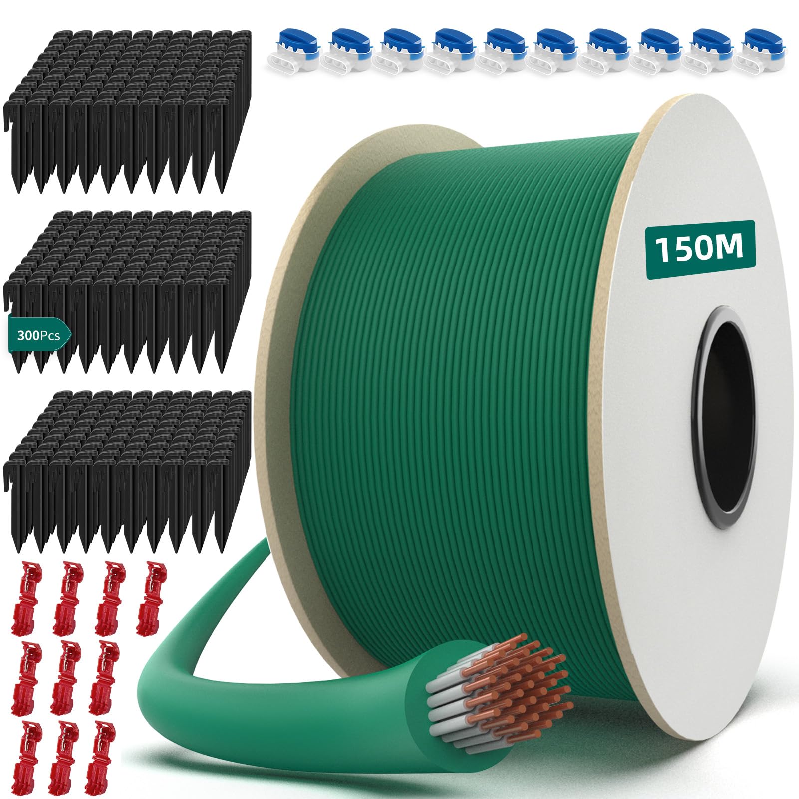 Hausprofi - Cable robot cortacésped (150 m, 300 estacas, 10 conectores de cable + 10 terminales de conexión, cable robot cortacésped, cable para robots cortacéspedes de Worx,Gardena, Bosch