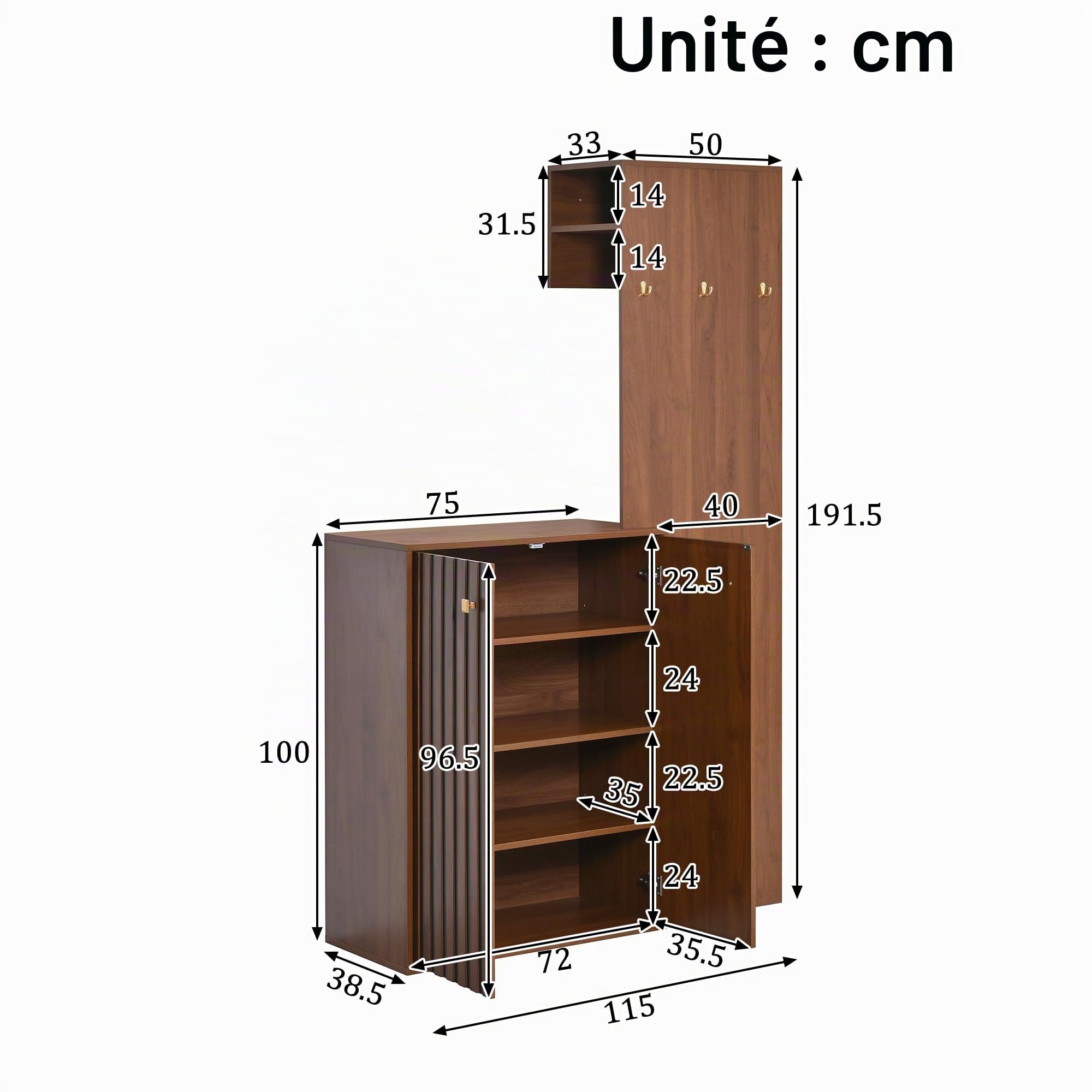 Vestiaire d’Entrée avec Penderie et Rangement Chaussures – Garde-Robe Compacte 115 cm – Meuble Entrée avec Porte-Manteau, Étagères Réglables, Crochets – Noyer
