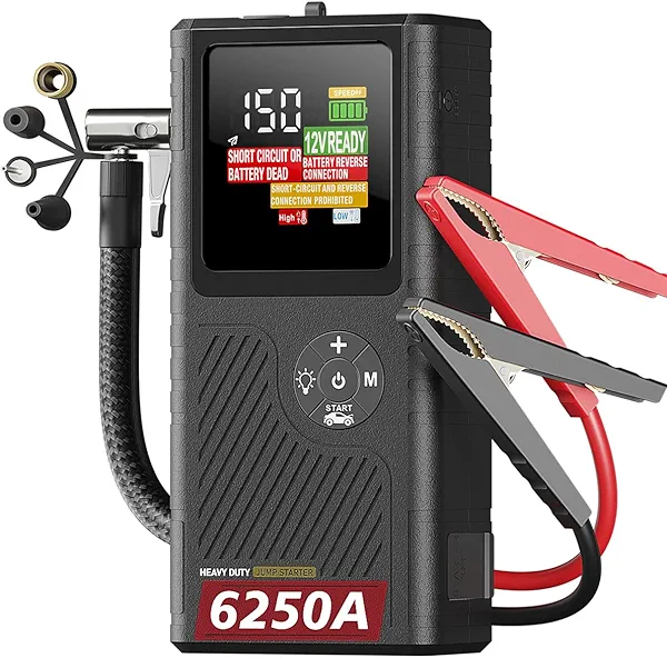 CS02 6250A Peak Jump Starter with Air Compressor, 20000mAh Battery Pack, 8.5L Gas/6.5L Diesel, USB-A Charging, Smart Display, 50 Starts, Safety Protection