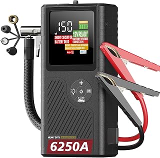 CS02 6250A Peak Jump Starter with Air Compressor, 20000mAh Battery Pack, 8.5L Gas/6.5L Diesel, USB-A Charging, Smart Display, 50 Starts, Safety Protection