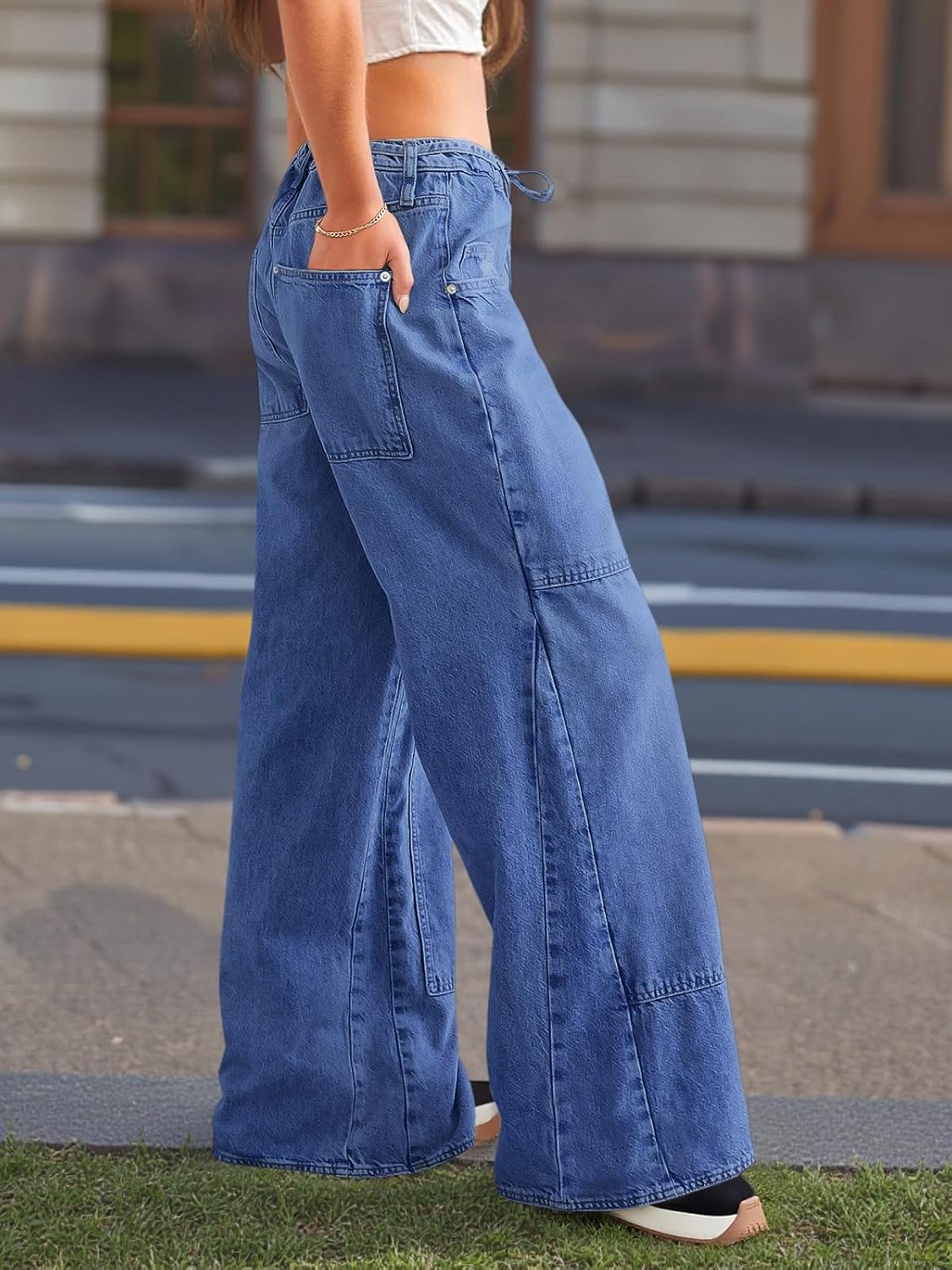 Cicy Bell Womens Wide Leg Jeans Vintage Mid Rise Baggy Boyfriend Belted Denim Pants with Pockets - Image 3