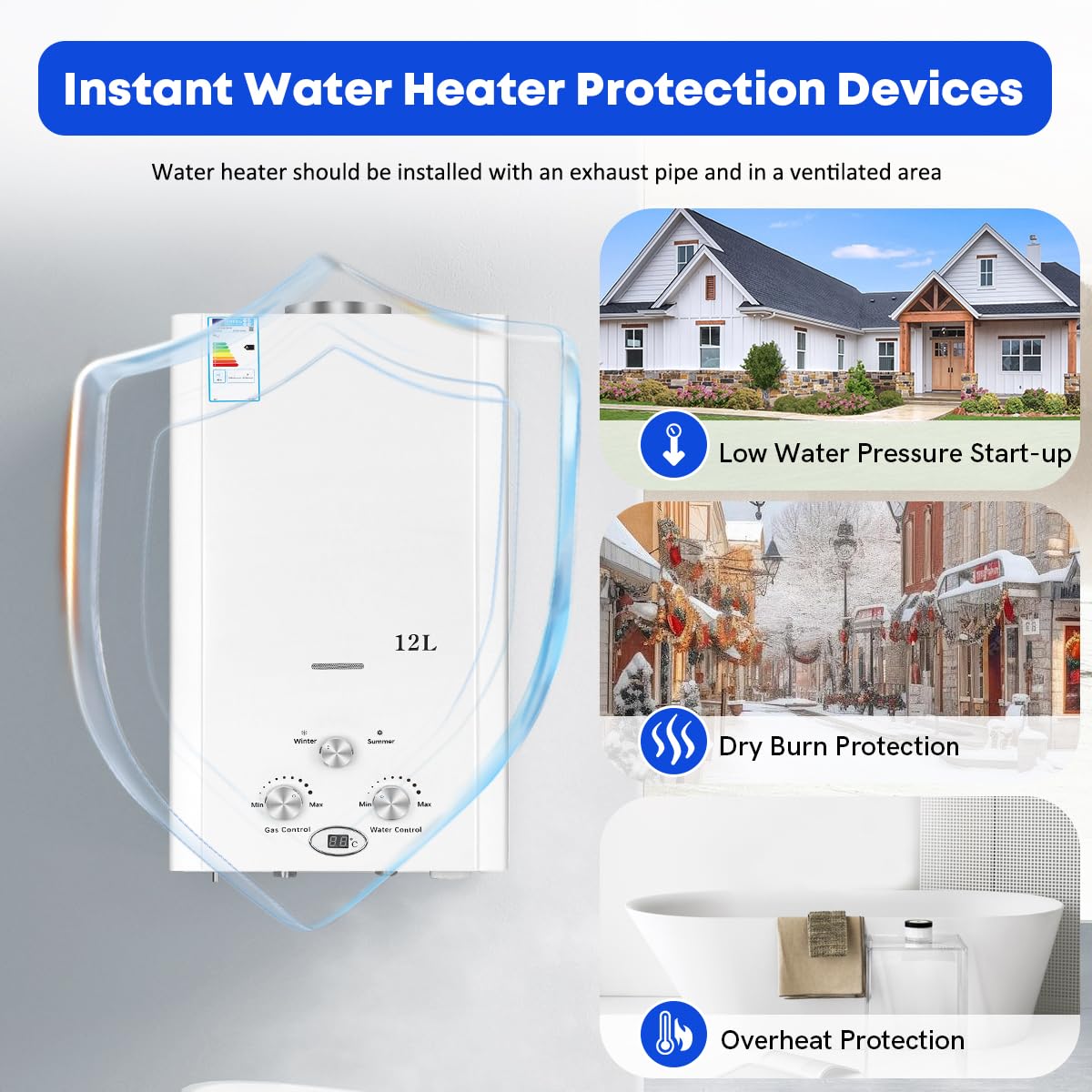 Xverycan Calentador de agua de gas de 12 litros, 24 kW, GLP, propano butano, sin tanque, para uso doméstico, camping, caravanas, cabinas al aire libre, graneros