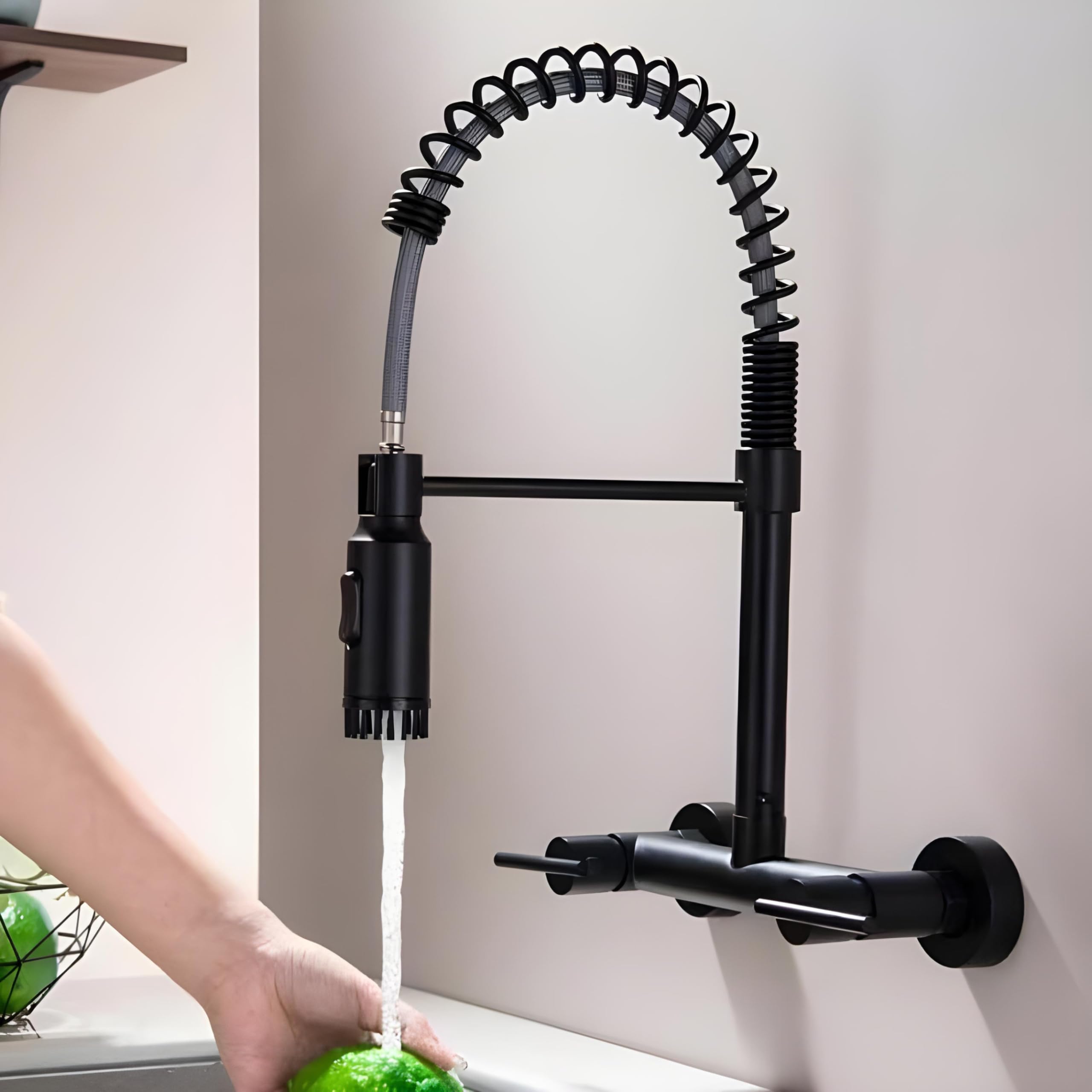 InArt Luxury with Wall-Mounted Kitchen Sink Tap - 360° Pull-Down Sprayer, Multi-Function Spray Head, Single Lever, Black Matte Finish, and Hot & Cold Functionality, Brass
