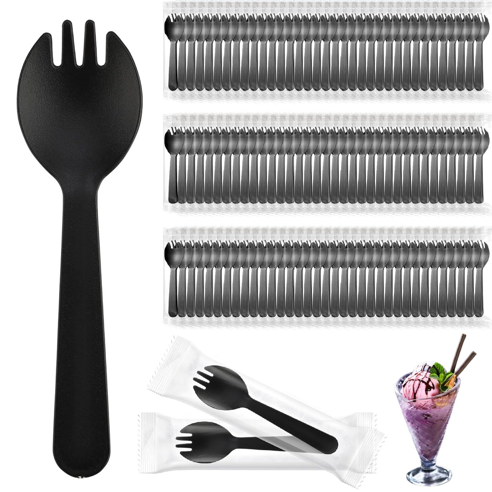 Magnoloran About 200PCS 4.5" Disposable Sporks, Mini Plastic Forks Individually Wrapped Plastic Sporks 2 in 1 Fork and Spoon Set Serving Utensils for