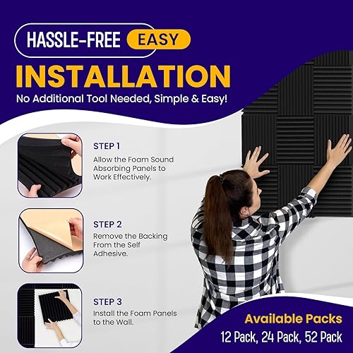 Miniatura 3 de Paquete de 12 paneles de espuma a prueba de sonido para paredes, paneles acústicos de 2 x 12 x 12 pulgadas que absorben el sonido, paneles de pared