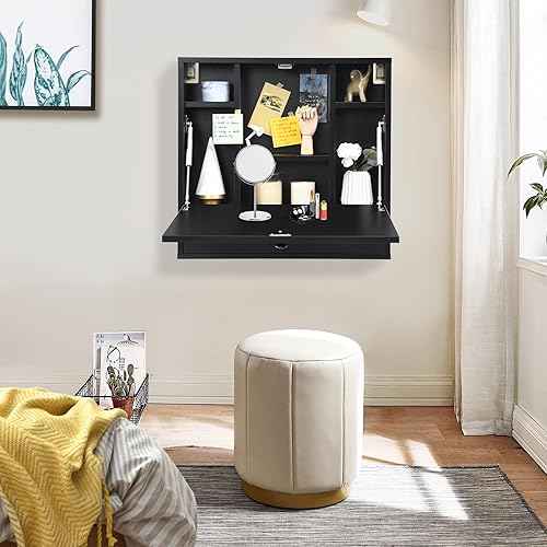 Miniatura 8 de KOTEK Escritorio montado en la pared, escritorio flotante para computadora portátil con cajón de almacenamiento y estantes, armarios de