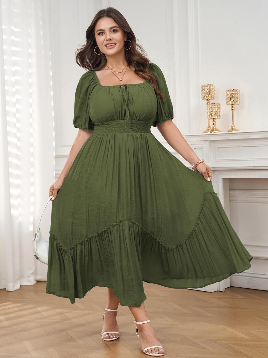 Women's Plus Size Dress Short Sleeve Square Neck Tie Front Ruffle Hem Boho Maxi Milkmaid Dress - Image 4