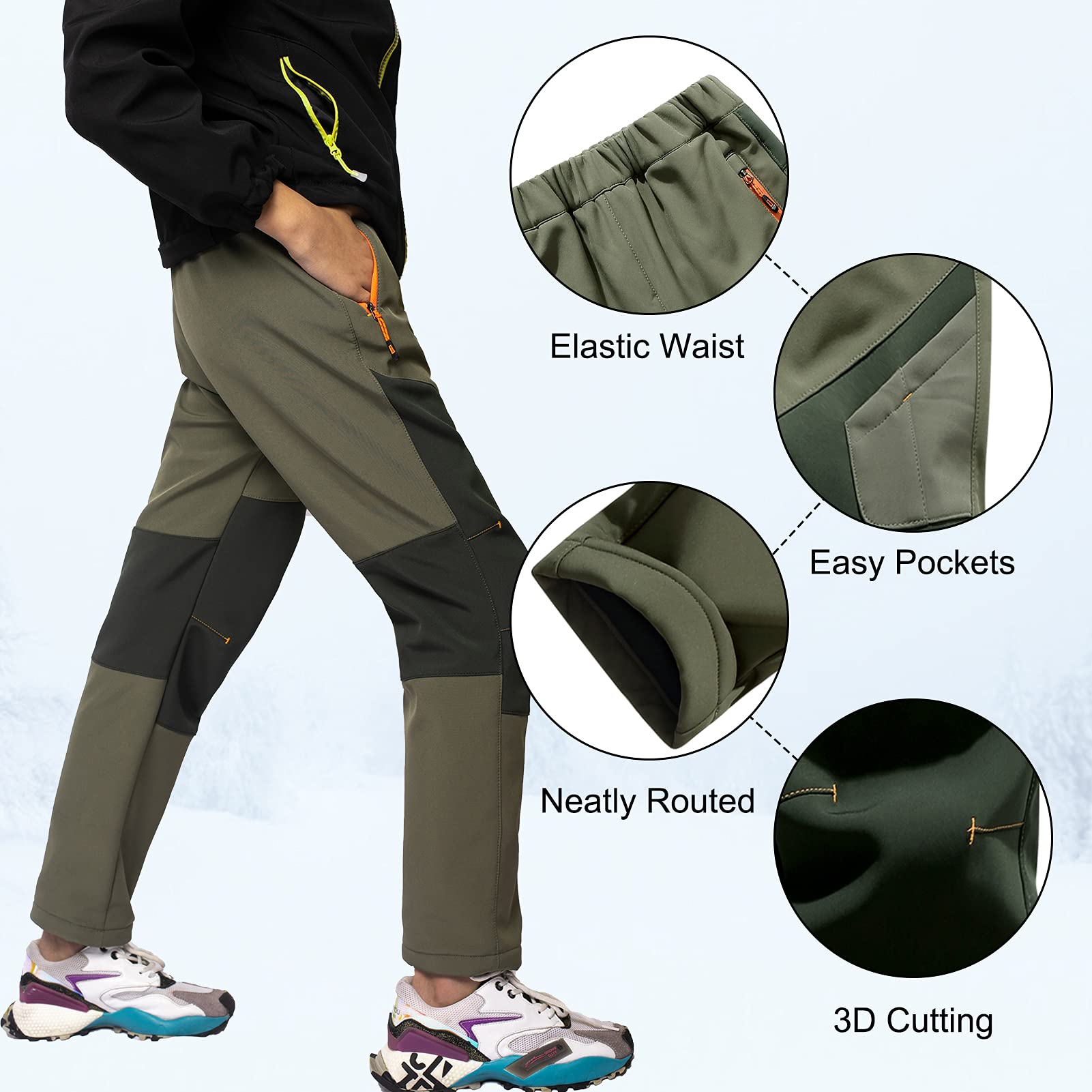 SEAUR Pantaloni softshell per bambini, imbottiti, invernali, caldi, da trekking, impermeabili, antivento, da neve, 115 – 175 cm