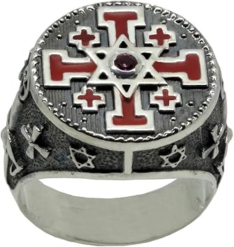 Jerusalem Star of David Sterling Silver 925 Knights Templar Cross Handcrafted Mens Ring