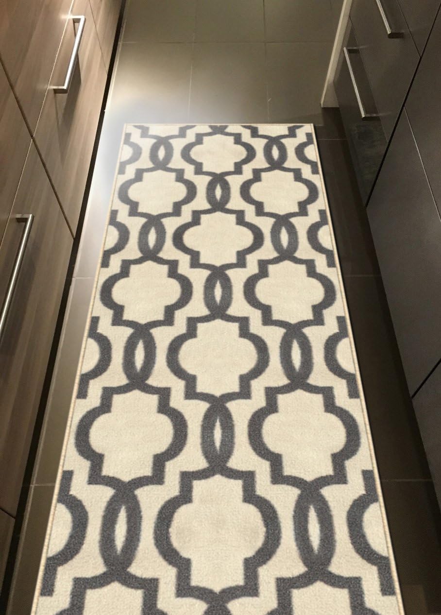 Custom Size Grey Moroccan Trellis Rubber Backed Non-Slip Hallway Stair Runner Rug 22in X 8ft