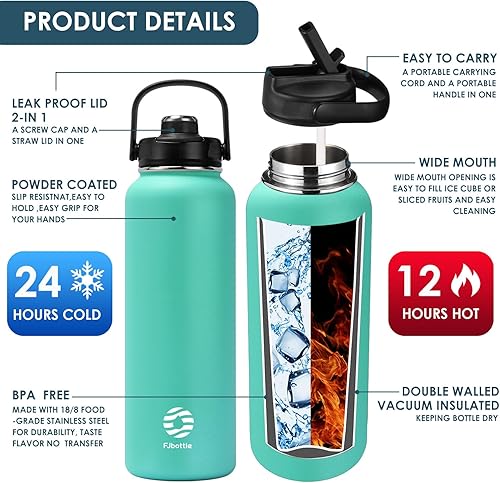 Miniatura 3 de Botella de agua deportiva aislada, botellas de agua de viaje de acero inoxidable verde a prueba de fugas, 40 onzas con 2 tapas (tapa de popote y