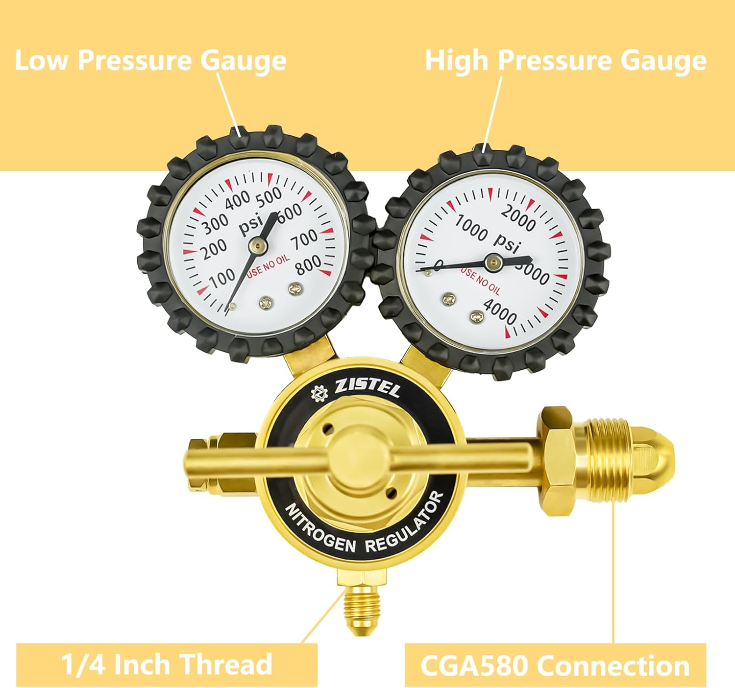 Nitrogen Regulator with 0-800PSI Delivery Pressure, 6.6Ft Hose CGA580 Inlet Connection and 1/4" Male Flare Fitting