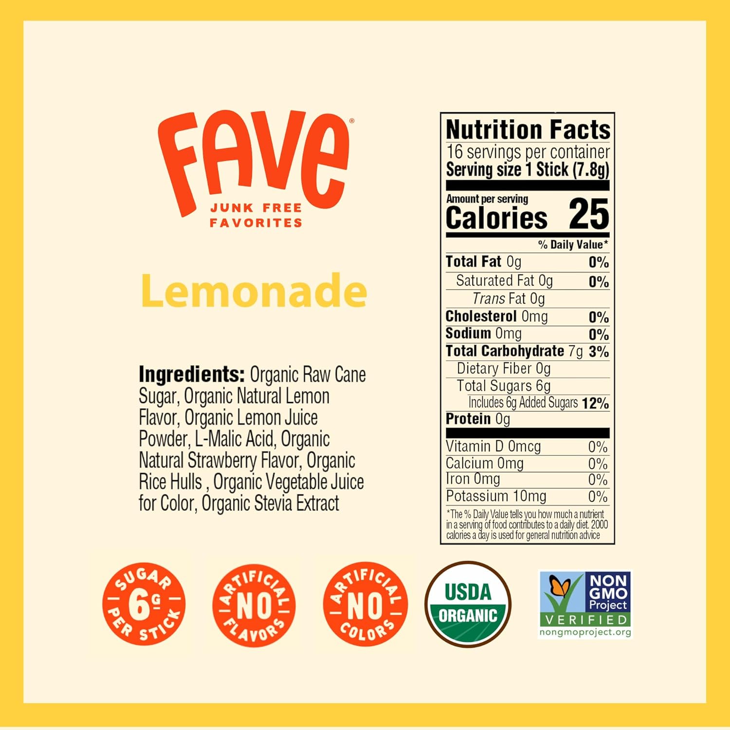 FAVE USDA Organic Lemonade Drink Mix, 16 Stick Pouch | No Artificial Colors or Flavors, Non-GMO