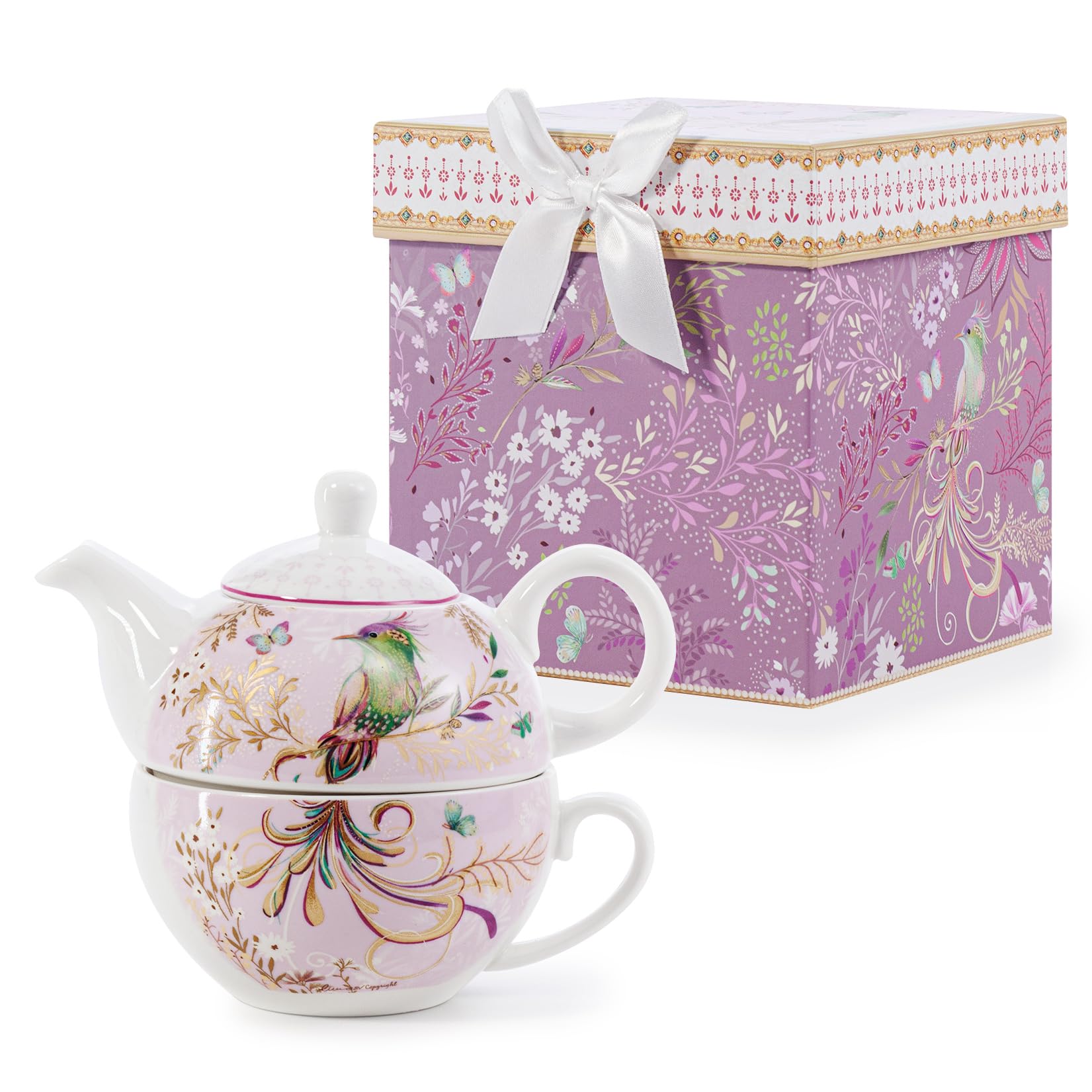 EHC Phoenix Design Porcelain Tea for One Tea-Pot with Handle, Microwave Safe, Oven Safe, Dishwasher Safe, Gift Boxed, Tea Pot 490/Cup 320ml