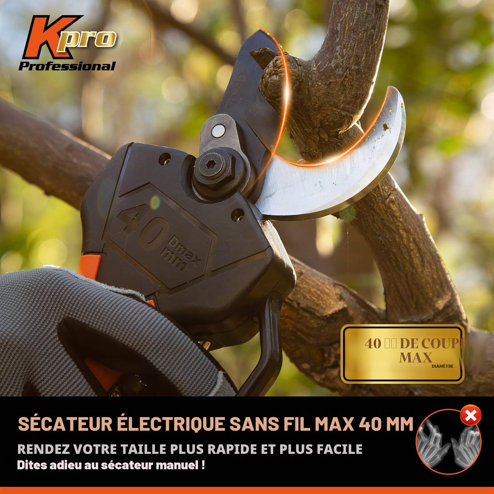Kebtek Sécateur électrique sans fil de 40 mm avec tige d'extension, moteur sans balais 18 V, 2 Ah, batterie rechargeable, écran LCD (KT940-SET)