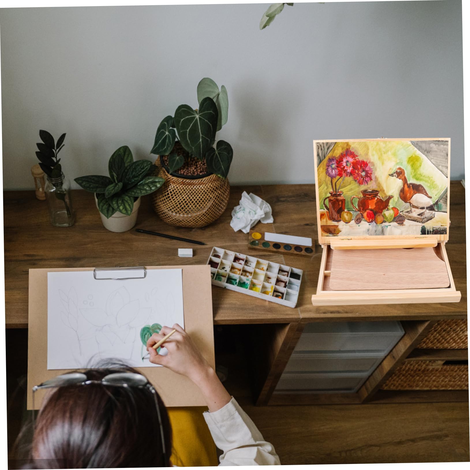 Operitacx Faltbarer Tisch Easel mit Schublade Holz Tragständer für Malerei Displayhalter und Präsentationsständer Naturholzfarbe