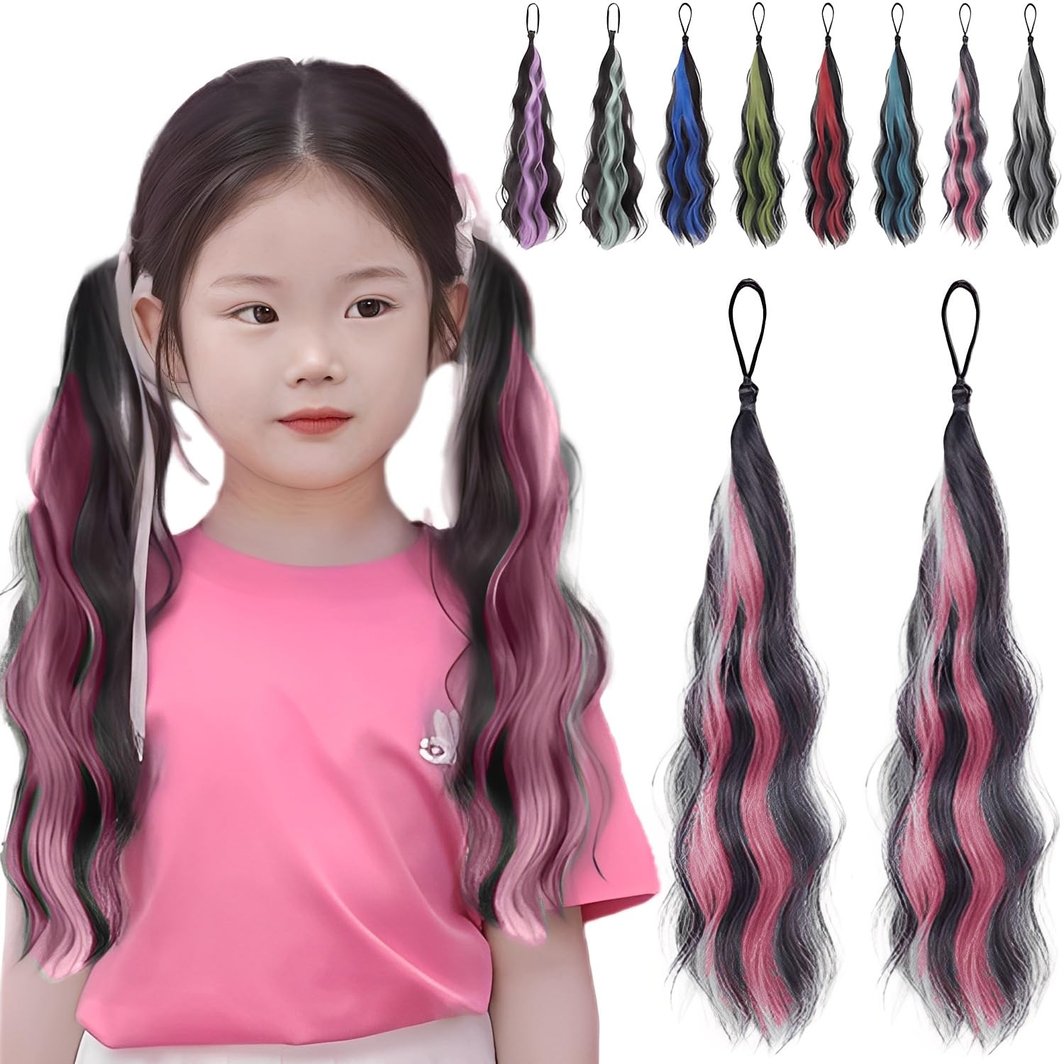 エクステ 子供 ダンス カールエクステ ゴム付き 2本セット キッズ 巻き髪 カラー ロング ヘアエクステ 毛束 ポニーテール お団子 三つ編み 付け毛 レディース 耐熱 人工毛 自然 簡単取り付け ヘアアレンジ 髪飾り ヘアアクセサリー 発表会 舞台用 (ピンク)