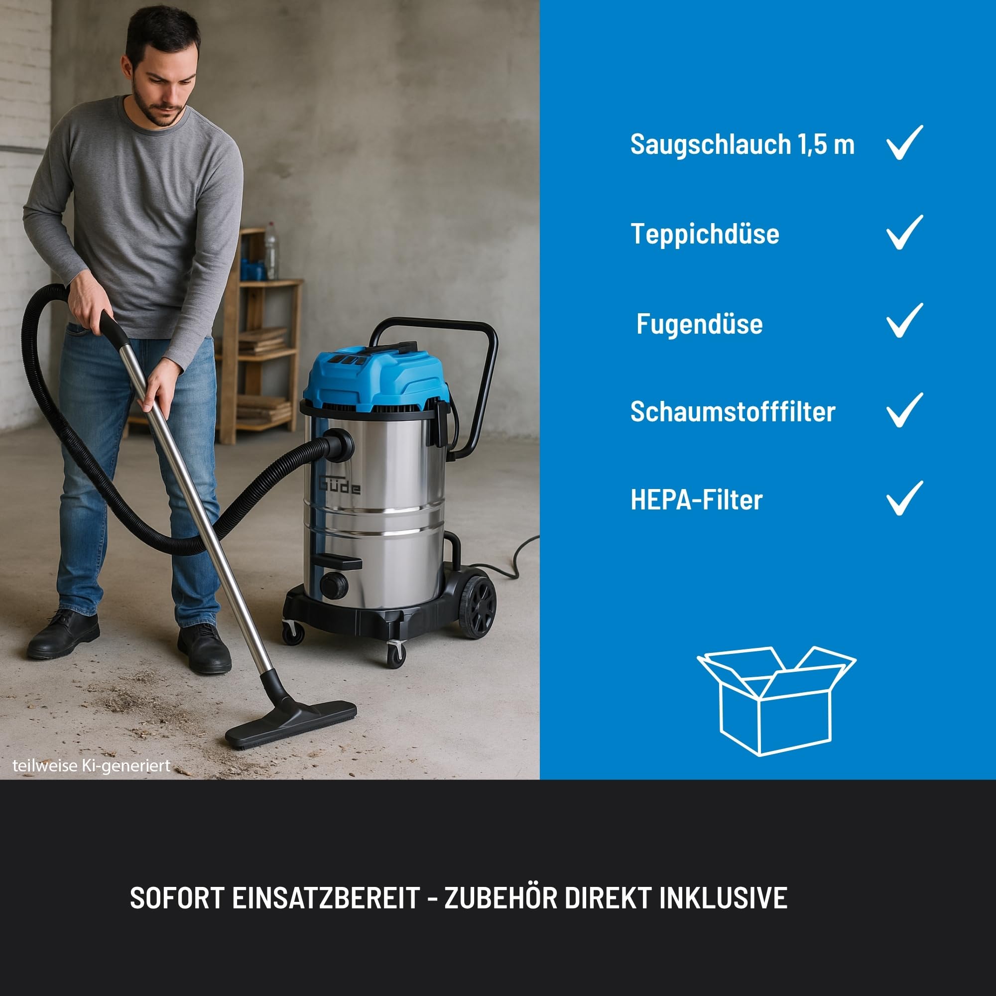 Güde GNTS 3-60L - Aspirador en seco y húmedo (230 V, 3600 W, 3 Motores eléctricos, presión Negativa de 190 milibar, depósito de Acero Inoxidable, Limpieza de Filtro, Manguera de aspiración, Tubo de