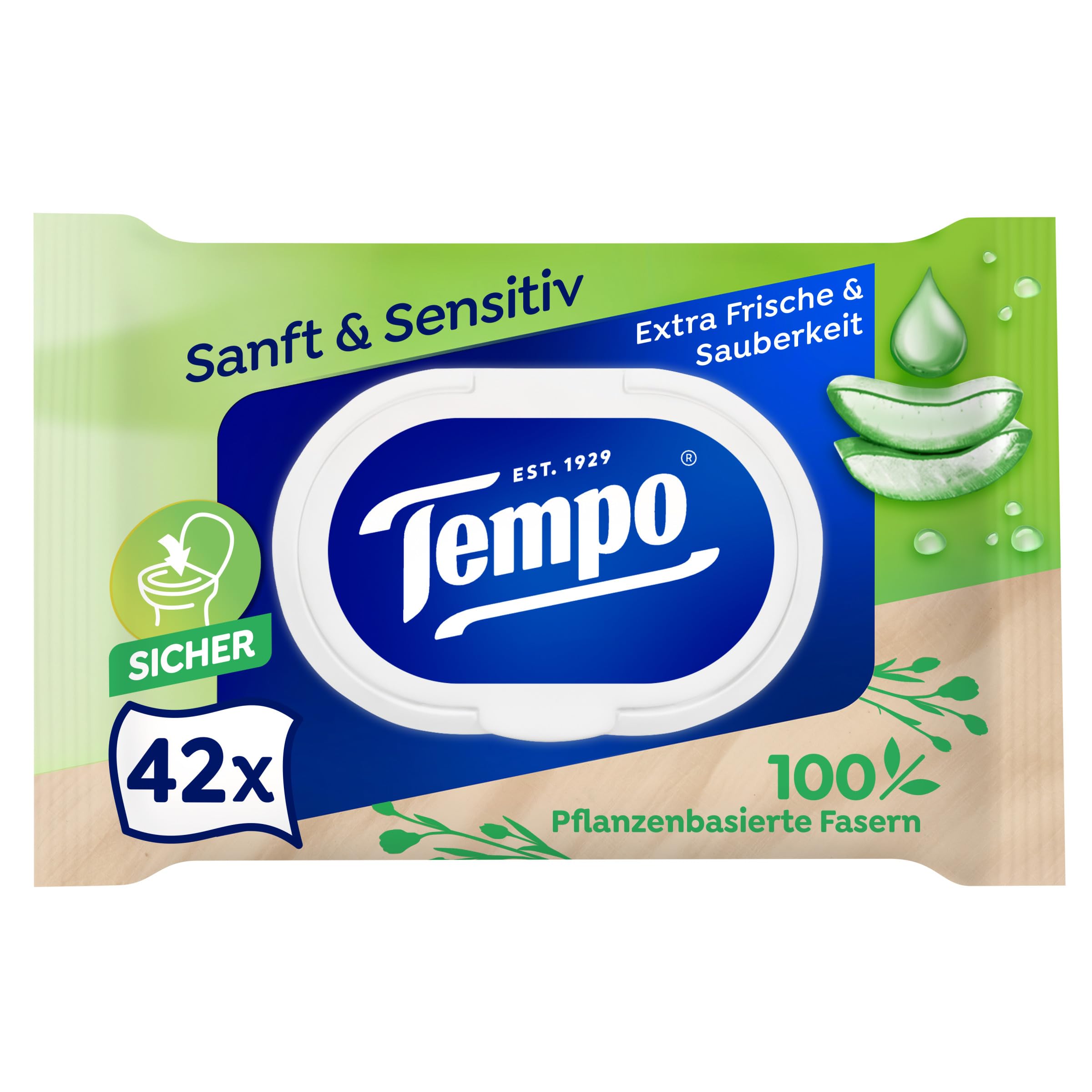 Tempo Wilgotne chusteczki toaletowe "Sanft & Sensitiv" – duży pakiet – 16 opakowań po 42 chusteczek – z naturalnym aloesem – wilgotny papier toaletowy, testowany dermatologicznie i neutralne pH